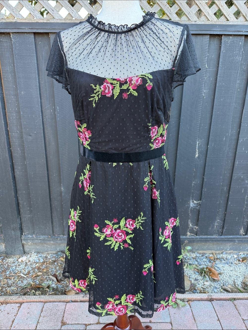 Adrianna Papell Black Midi Dress with Pink Rose Embroidery 12 large cross stitch